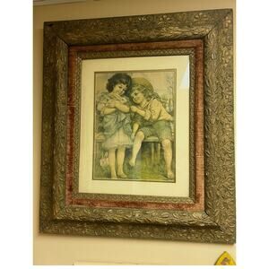 Large Victorian Print The Pet Rabbit Ornate Gold Frame 30x28 Cottage Wall Art